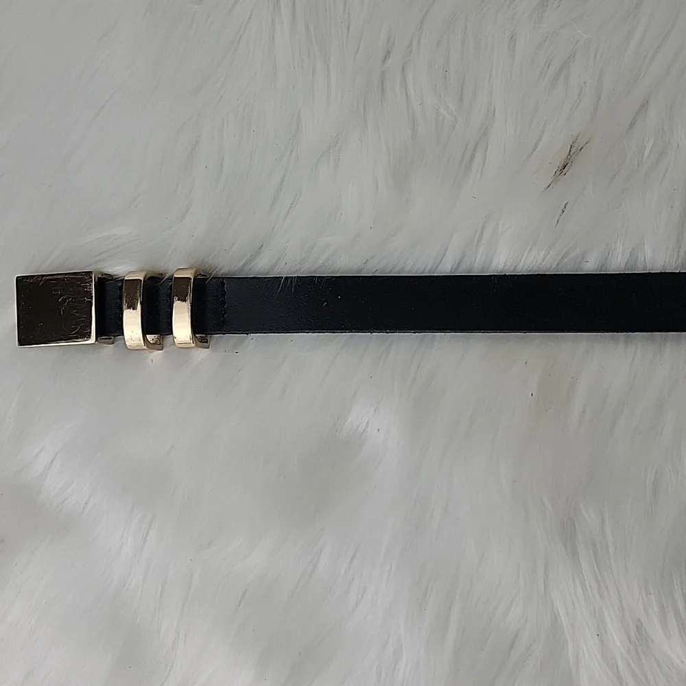J.CREW Black Leather Gold Colored Hardware Plate Style Buckle Office Casual Belt - Picture 3 of 14